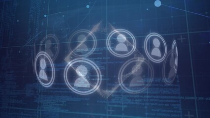 Animation of network of connections with people icons over data processing and grid - Powered by Adobe