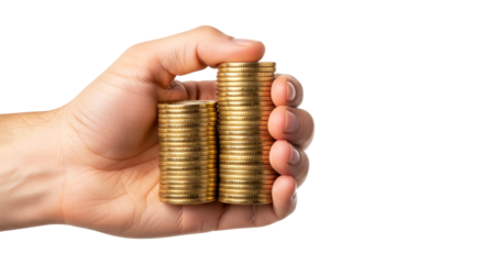 secure financial future hand offering stacks of gold coins, symbolizing wealth and prosperity, isolated on transparent background