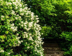 Lush white flowers cascading down stone steps