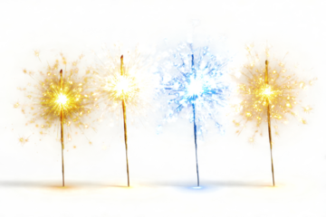 Happy New Year celebration party fireworks sparkler PNG set, cutout isolated on transparent background. Gold yellow and blue colors