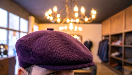 Purple corduroy newsboy cap close-up