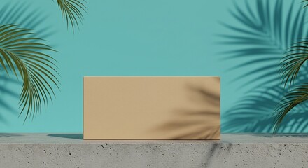 Beige product display platform with palm shadows on teal background
