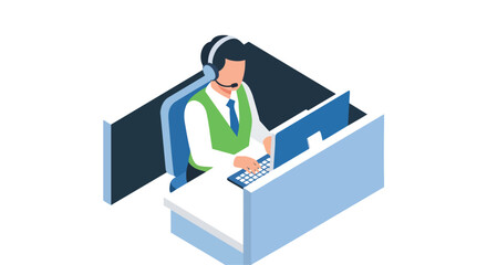 Isometric customer service agent wearing headset at desk illustration vector support call center operator online help flat design