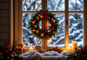 window adorned with warm christmas lights, pine wreath, golden and red ornaments, candles on the sill, small gift boxes, snow outside, cozy festive feeling with magical holiday charm.