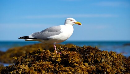 Fototapeta premium Seagull perched on seaweed (1)