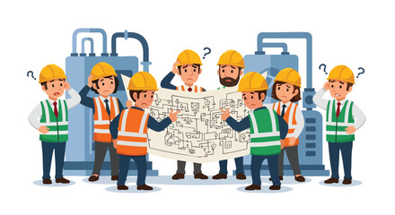 Engineers workers examine complex technical blueprint showing confusion industrial problem design analysis challenge construction project planning teamwork solution dilemma hardhat safety