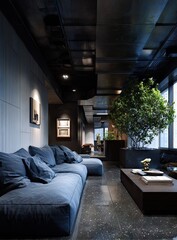 A modern, dimly lit interior space showcases a stylish, sectional sofa arrangement, dark flooring, and a contemporary aesthetic.