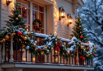balcony decorated for christmas with twinkling lights on railings, pine garlands, small trees, hanging red and gold ornaments, lanterns, candles, snow falling softly, warm festive atmosphere.