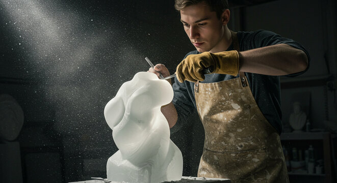 Sculptor carving abstract figure from marble in art studio  