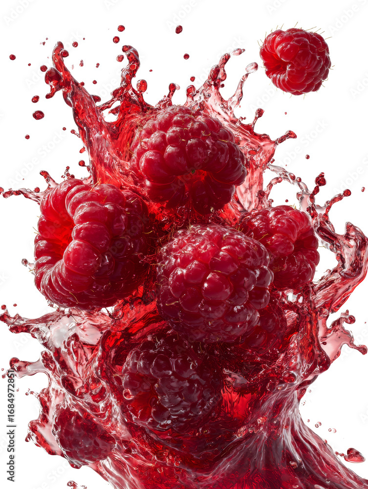 Aufkleber raspberry explosion creating vibrant juice cascade against a pure isolated setting