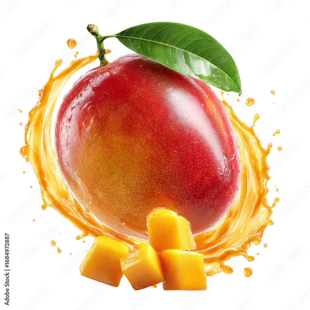Aufkleber exotic mango fruit with refreshing juice explosion on transparent setting artistic vibrant display