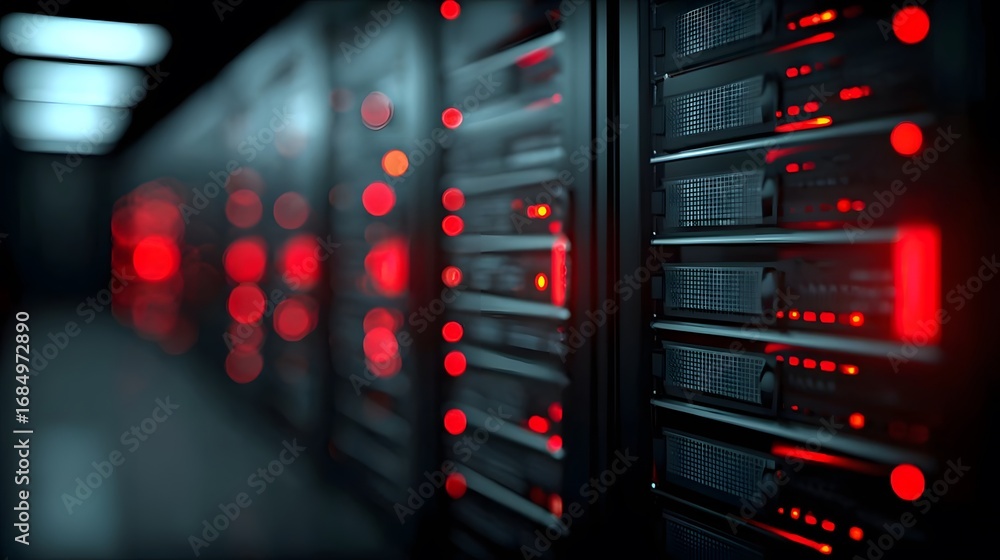 Poster server room with red led lights illuminating data storage units
