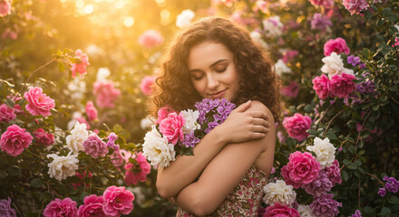 Naklejka premium Young woman holding bouquet of flowers in blooming garden at sunset 