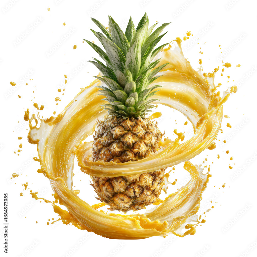 Poster pineapple explosion with vibrant juice swirl against a clean isolated setting displaying tropical