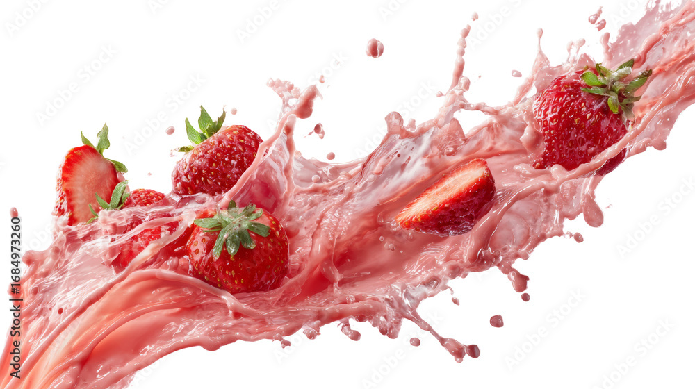 Poster energetic strawberry explosion in luscious cream, creating dynamic visual effect against isolated