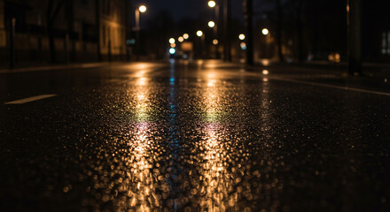 Urban street at night reflecting streetlights and colors on wet pavement  
