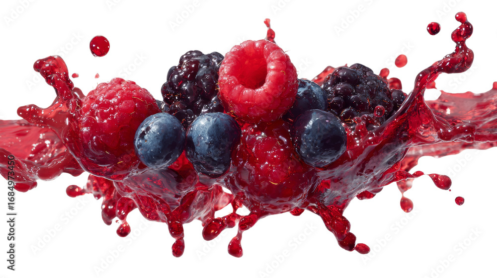 Aufkleber dynamic mixed berries explosion with vivid juice splash on isolated transparent background