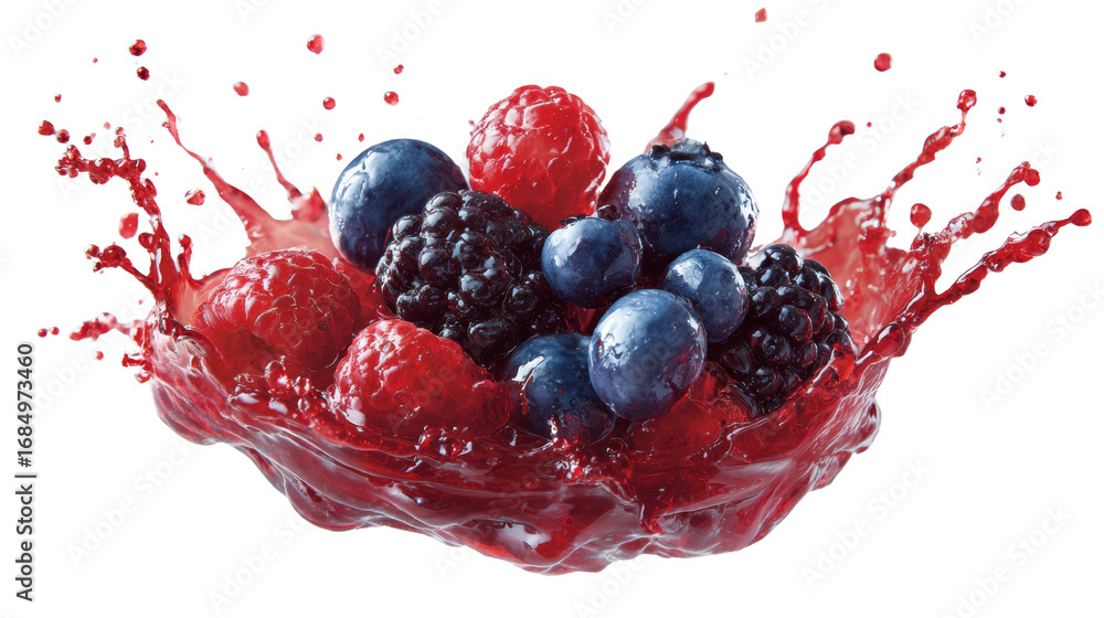 Poster a burst of colorful mixed berries splashing in vibrant juice against an isolated setting