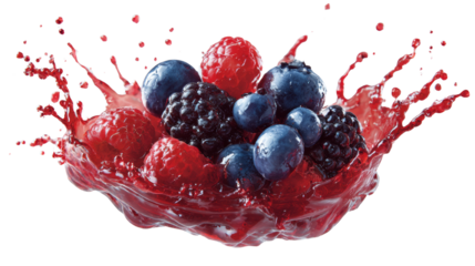 A burst of colorful mixed berries splashing in vibrant juice against an isolated setting