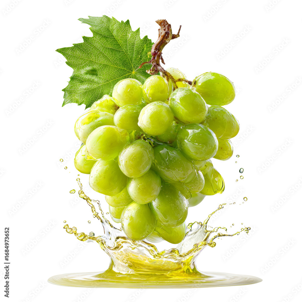 Poster luminous green grapes cascading on a transparent backdrop, a refreshing fruit composition against
