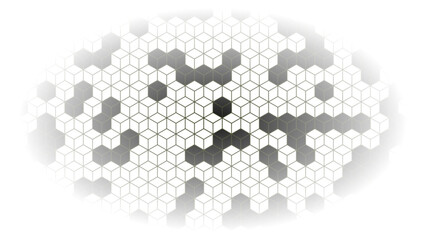 Intricate geometric pattern of white cubes creating a complex, abstract design with a dark center.