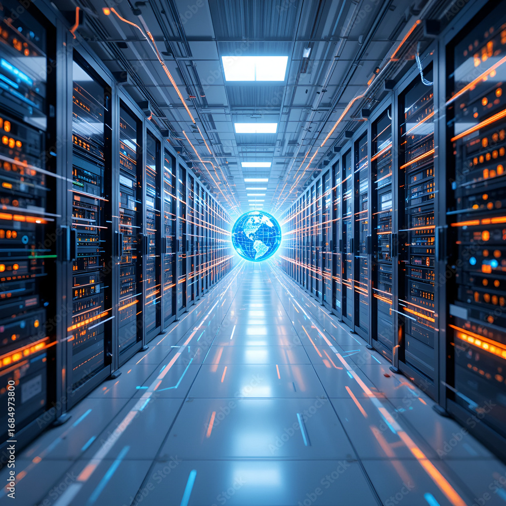Fototapete digital information flows through the network and data servers behind glass panels in the server roo