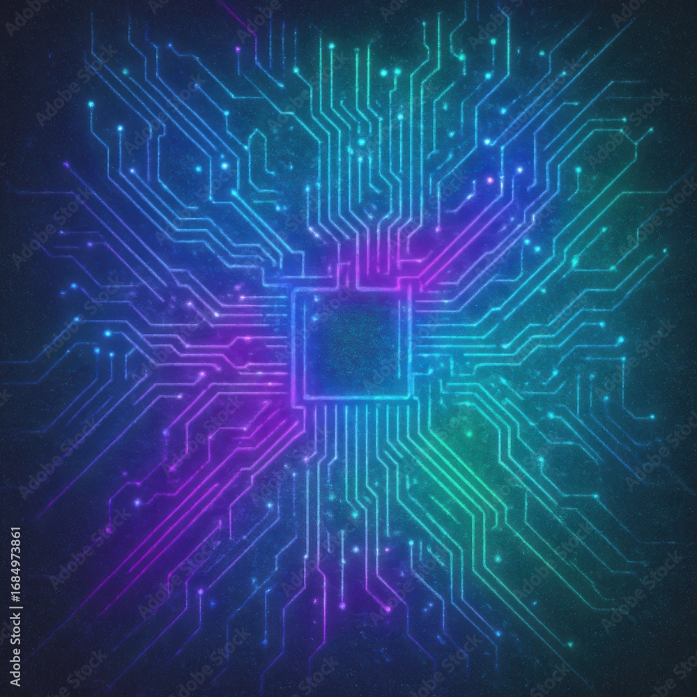 Aufkleber glowing digital circuit board with microchip in futuristic technology concept