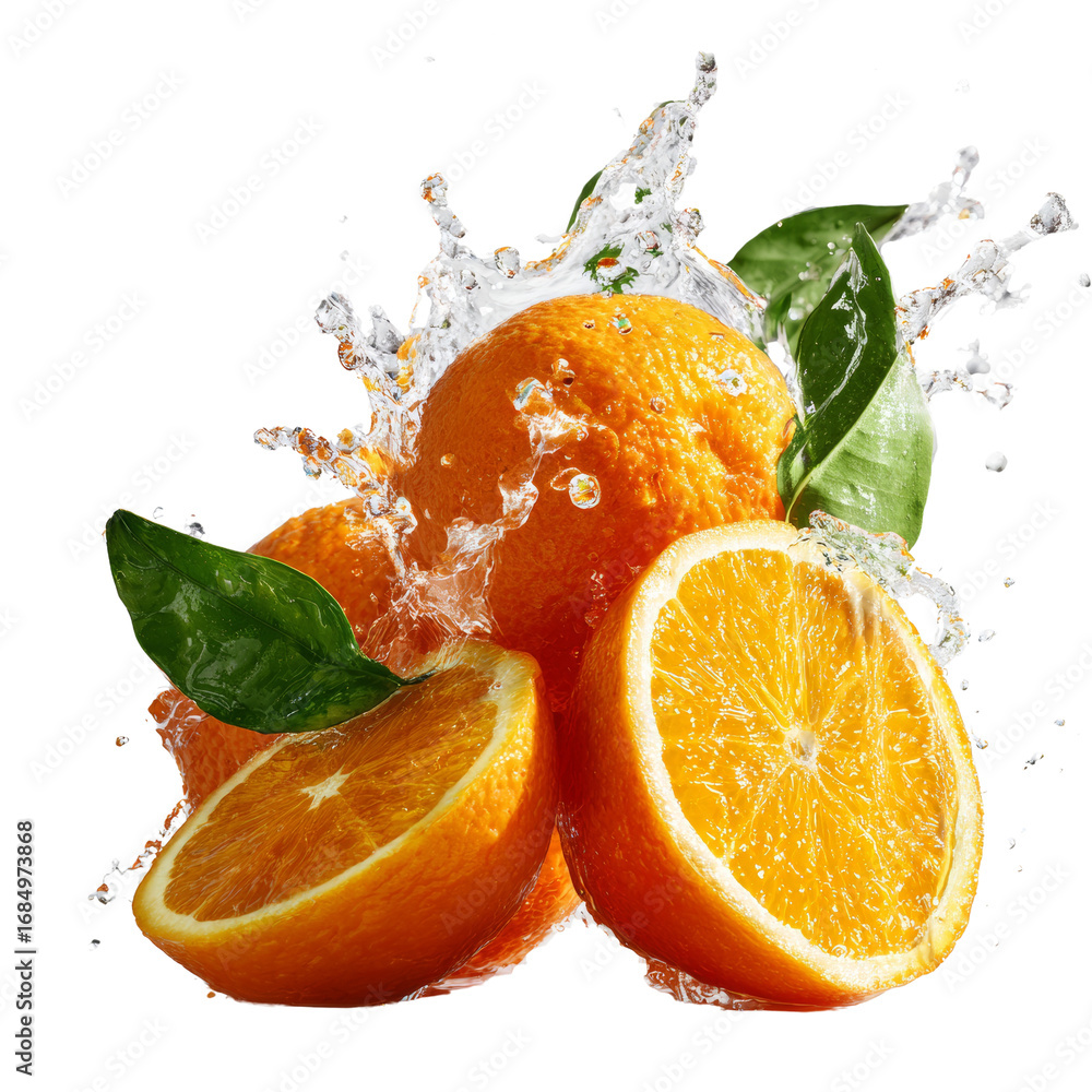 Aufkleber invigorating citrus burst fresh oranges splashed with pure water on a minimalistic backdrop