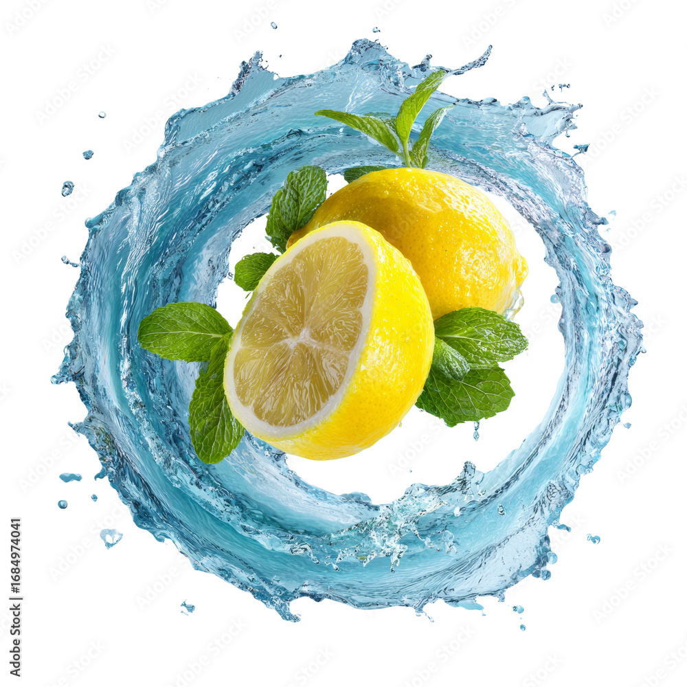 Poster citrus burst of flavor freshness displayed with a dynamic water splashing isolated element