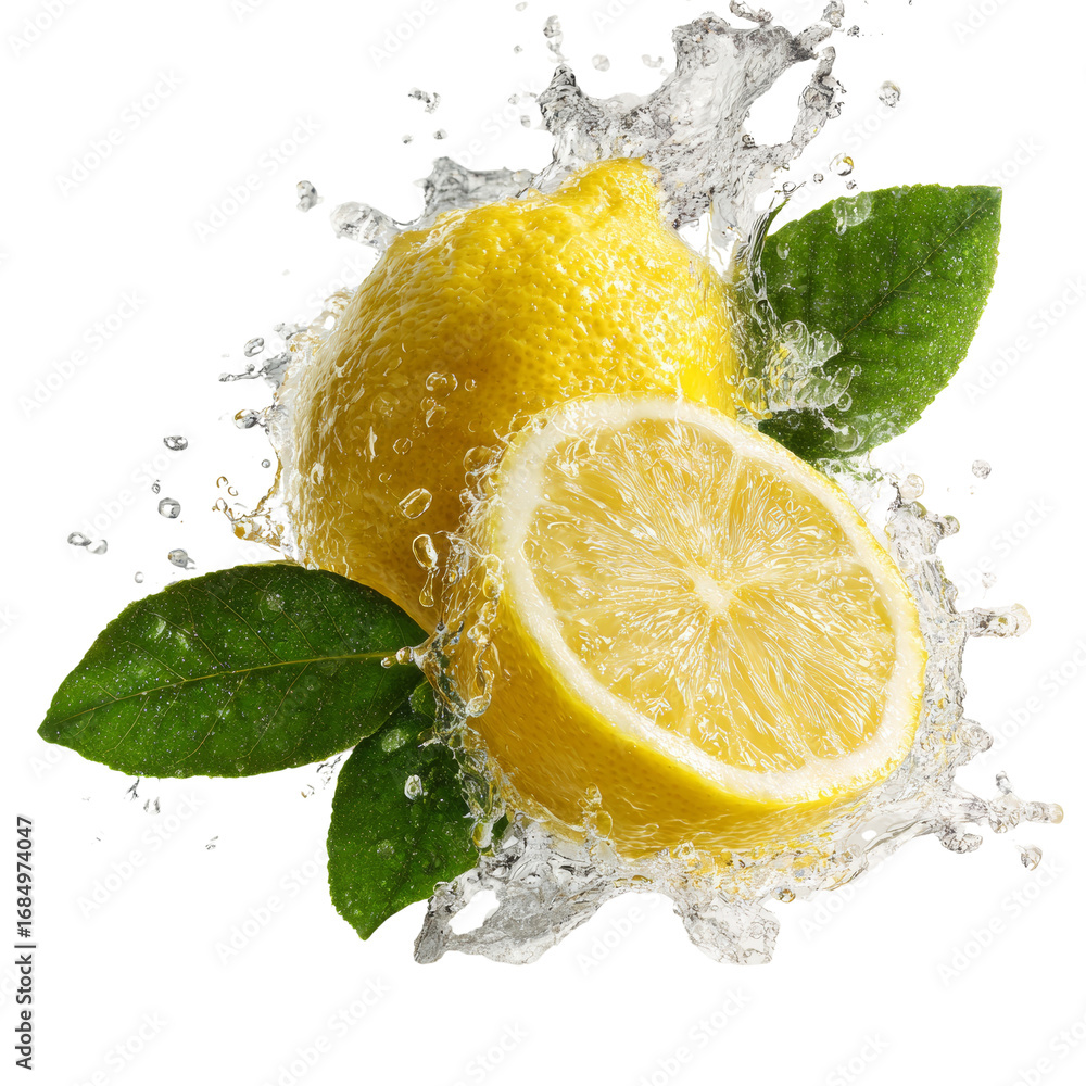 Poster invigorating citrus burst capturing the zest of lemon with dynamic water splashes on clear field