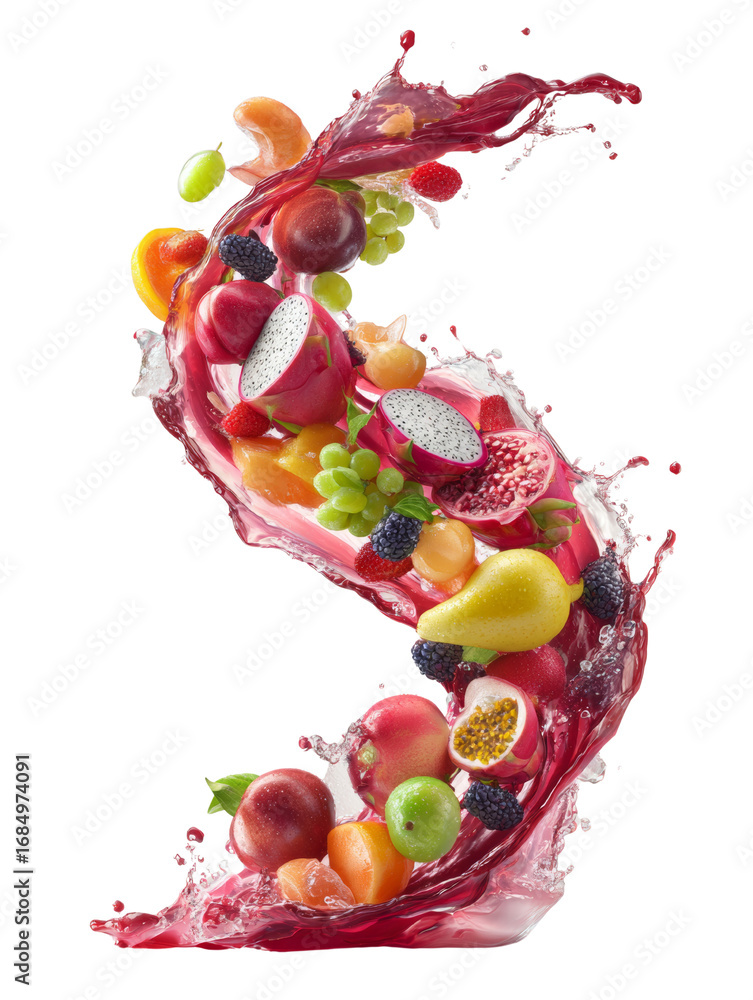 Poster exotic fruit medley splashing in refreshing juice creating a vibrant display on a clean
