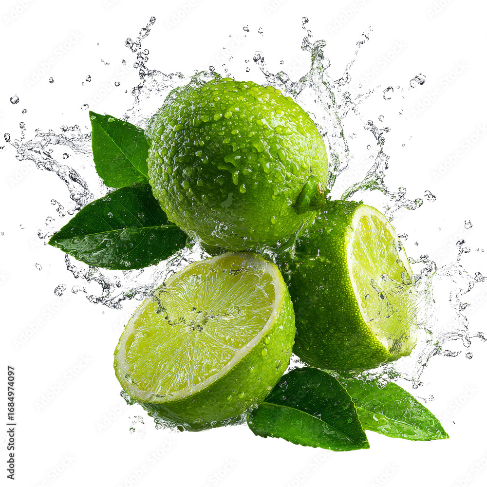 Poster lime citrus freshness exploding with water droplets on transparent isolated space