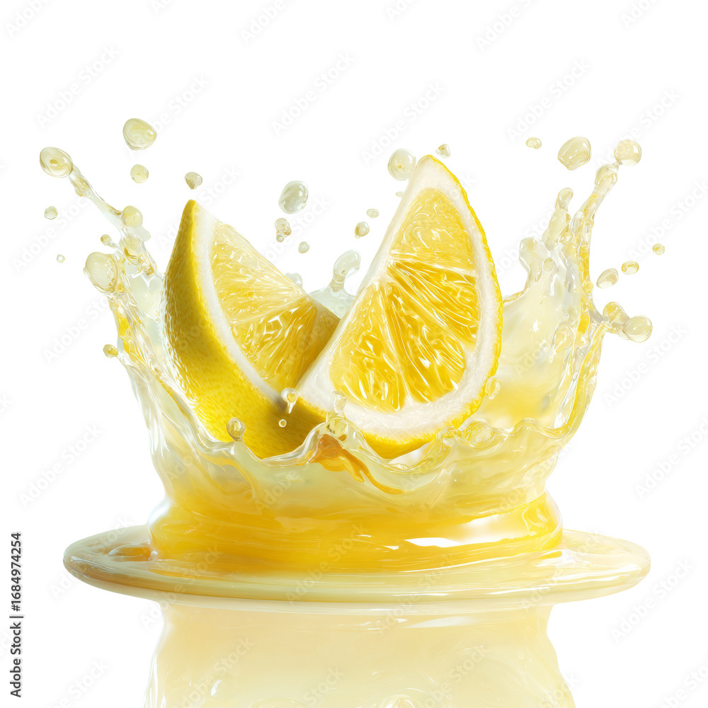 Poster vibrant lemon wedges splashing into creamy liquid creating a dynamic still life scene on transparent