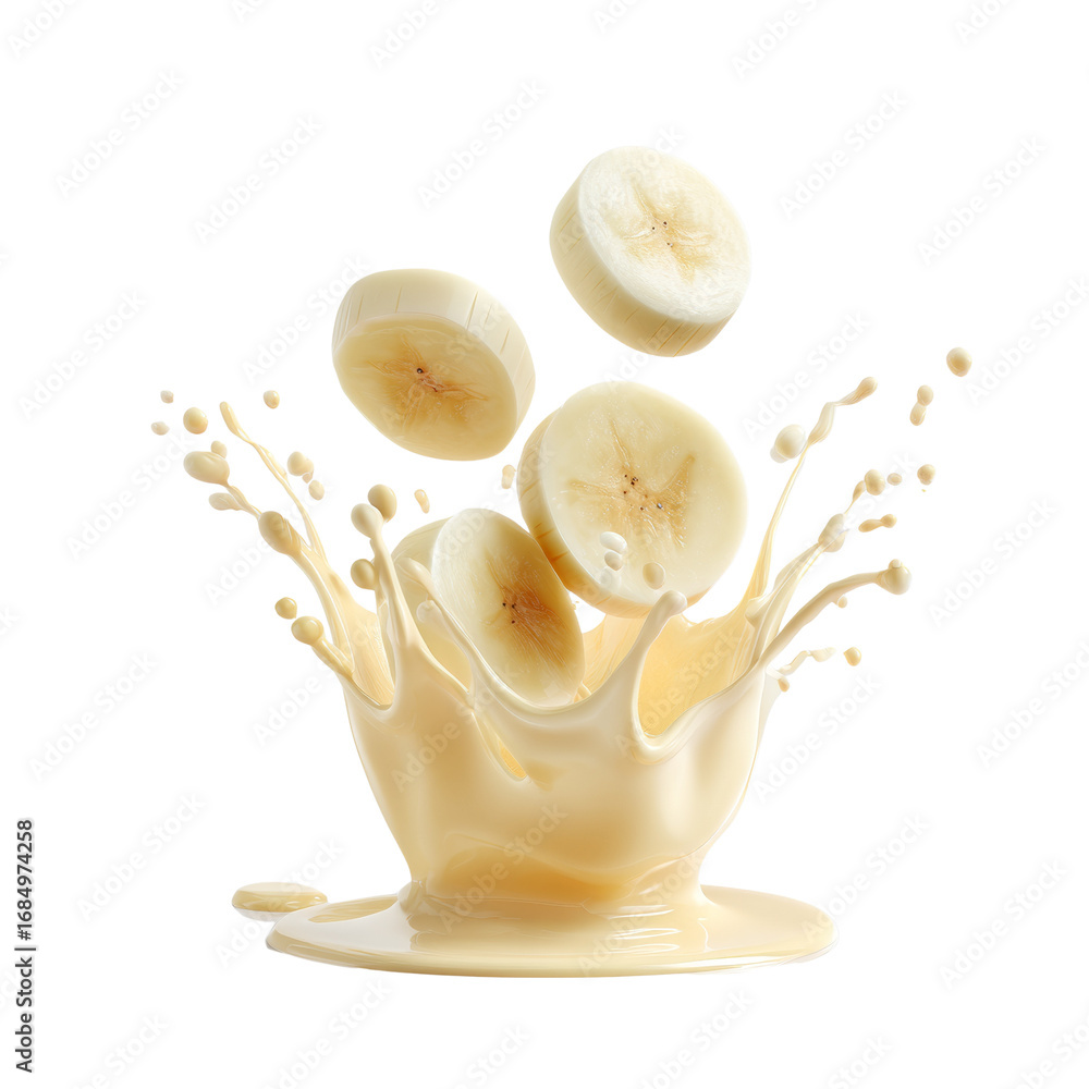 Poster banana slices ascending from creamy splash on isolated transparent canvas creation