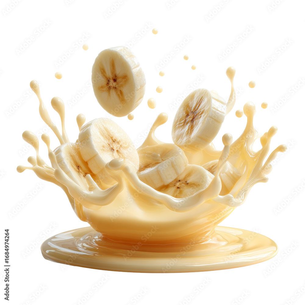 Aufkleber dynamic banana slices cascading into a creamy cascade with an isolated transparent presentation