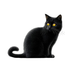 Sleek black cat with shiny fur texture sitting upright in spooky pose, isolated on transparent background