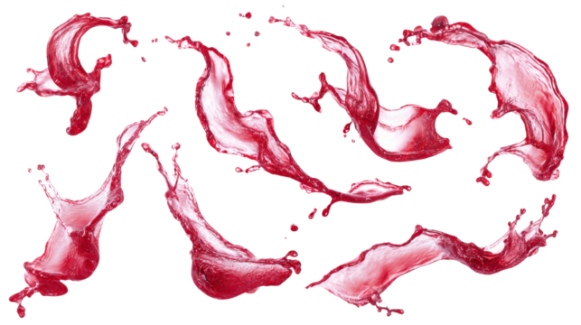 Crimson liquid bursts suspended against absolute transparency, creating a dynamic visual