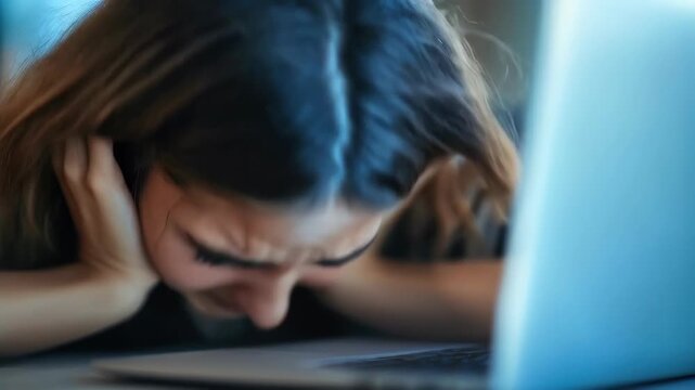 Stressed young woman holding her head in frustration while using a laptop, symbolizing online abuse, cyberbullying, and digital harassment challenges