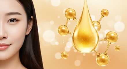 Golden serum drop with molecule and woman face beauty and skincare concept