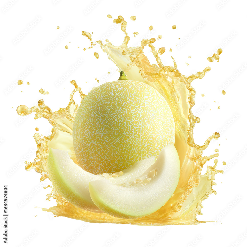 Poster honeydew melon splash, refreshing fruit explosion on an isolated transparent canvas