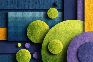 Abstract layered composition of textured vibrant yellow, green, blue, and purple shapes