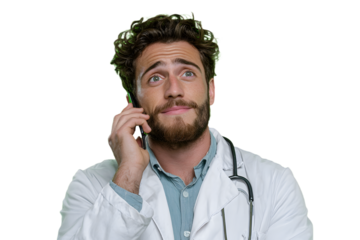 Young doctor man over isolated chroma key backgroundthinking and sending a mesage