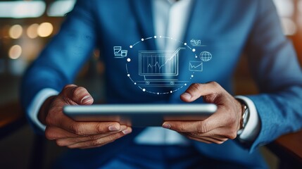 Entrepreneur Using Digital Tablet for Innovative E-Commerce Growth and Market Opportunity Analysis