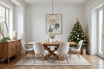 minimalist christmas dining room with neutral furniture and subtle decorations including a small tree adorned with modern ornaments for an elegant holiday vibe