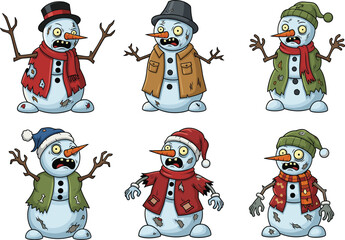 Scary zombie snowman characters set, Halloween winter cartoon, creepy undead snowmen with hats, scarves, jackets, spooky holiday illustration