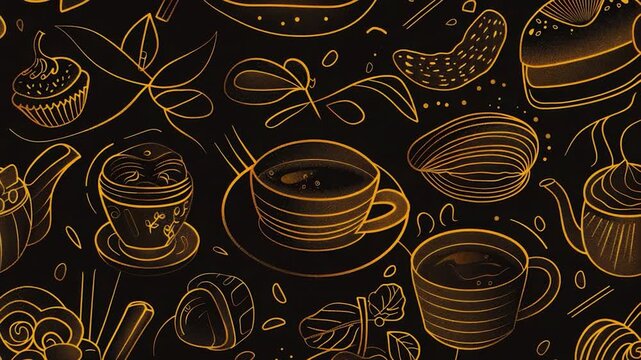 A modern design featuring a black and gold pattern of various food and drink items