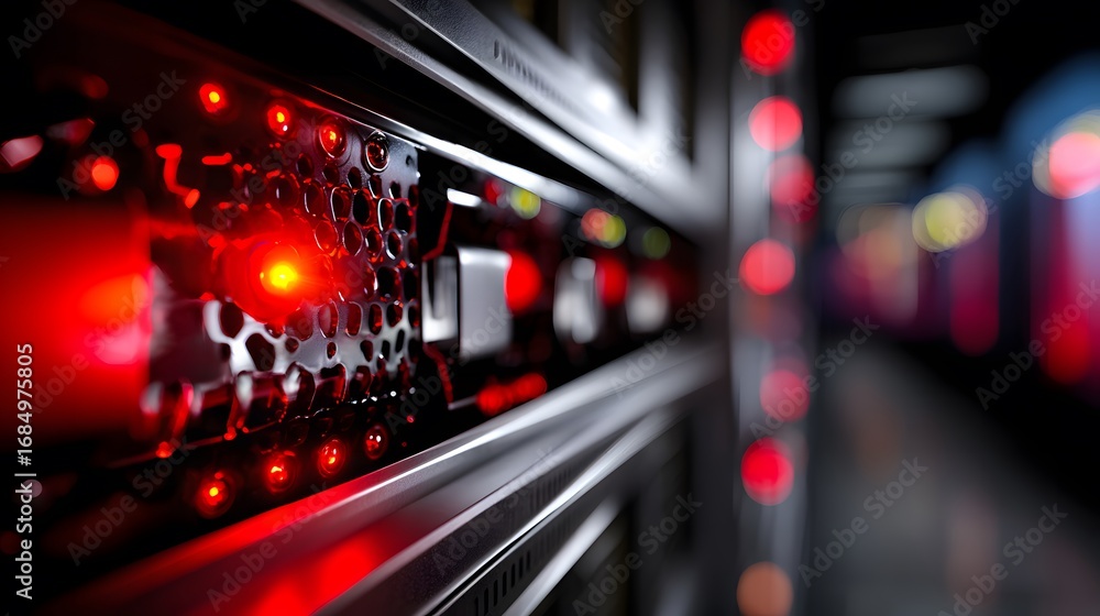Poster close-up of server racks with illuminated red lights in a data center