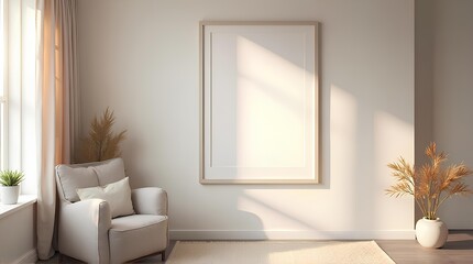 Empty picture frame in a living room decorated with a minimalist sofa and vase with morning light.