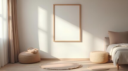 Empty picture frame in a minimalist bedroom with morning light.