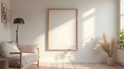 Empty picture frame in living room with chair and black lamp with morning light.
